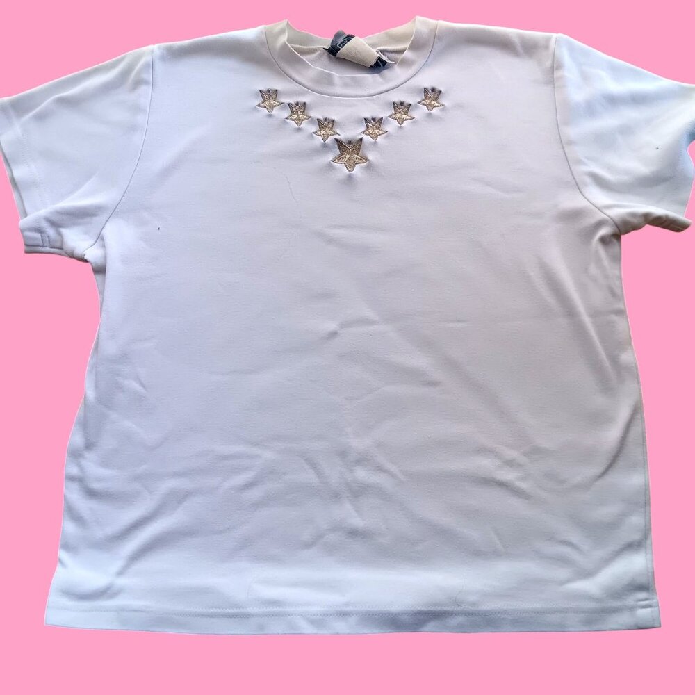White T-Shirt With Silver Star Embellishments By Saint Germain Paris Size L